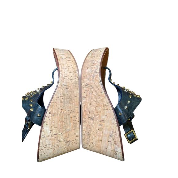 Tory Burch Espadrille Women 9 Cork Wedge Heel Sandal‎ Black & Gold Metal Studded - Picture 11 of 12